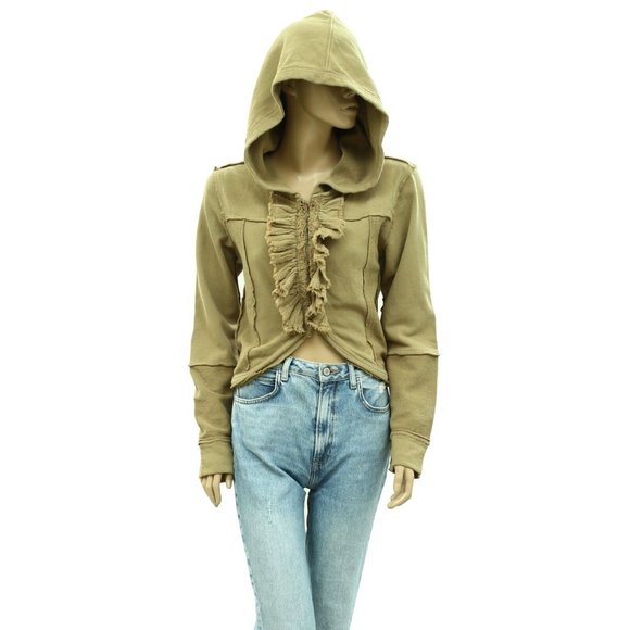 Free People Solid Ruffle Hoodie Jacket Top Long Sleeve Cotton Green S